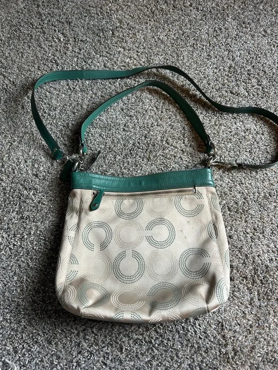 Coach Taupe Signature Crossbody with Green Leather Trim - Picture 3 of 12